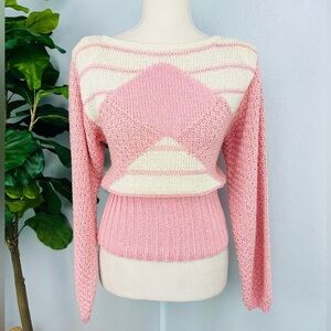 Vintage 70s 80s Nannell Shabby Chic Light Pink Off White Knit Sweater